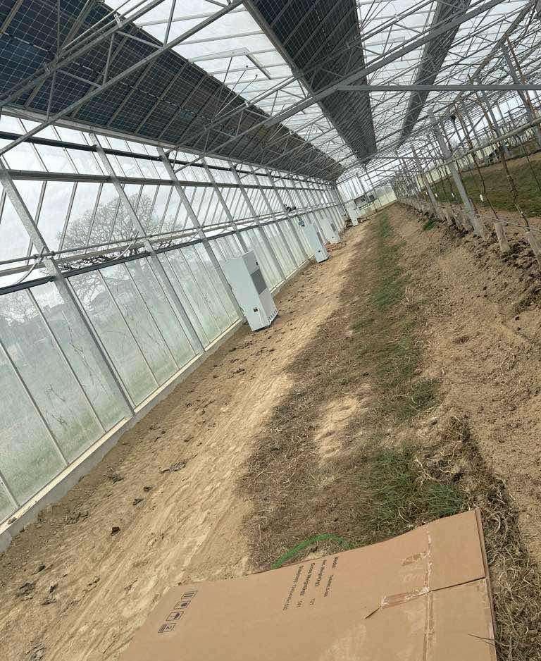 La serre vue de biais : une file de déshumidificateurs le long de la paroi vitrée, un carton d'emballage au premier plan